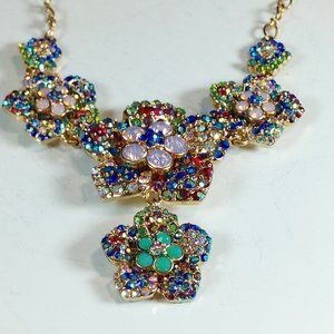 Betsey Johnson Floral Statement Necklace Rhinestone Encrusted Princess Length